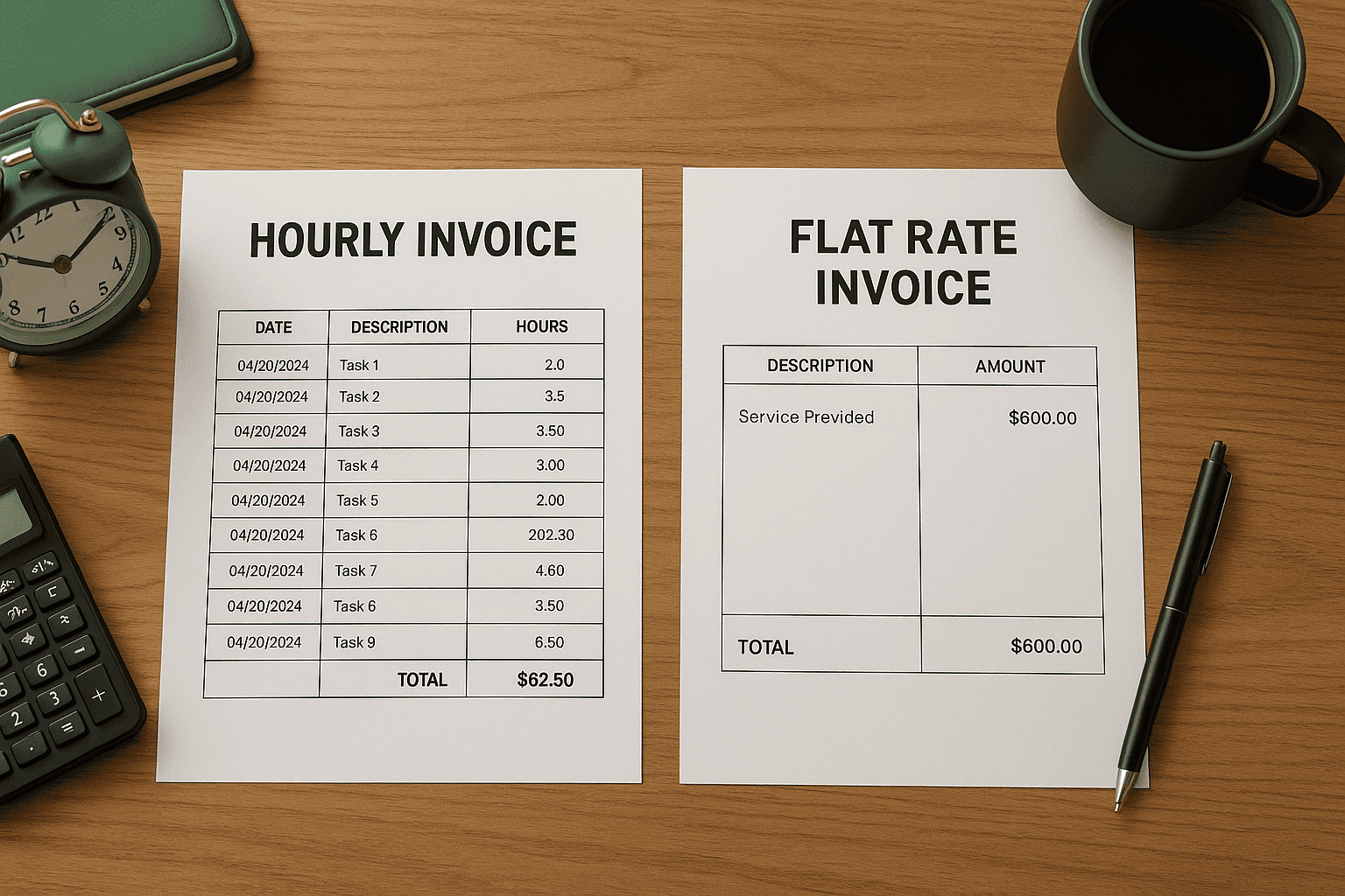 Electrical Repair Costs Calgary: Provider Comparison 2 Side by side invoices on a desk comparing hourly and flat rate pricing for electrical repairs with office items including a clock, calculator, pen, and coffee cup.