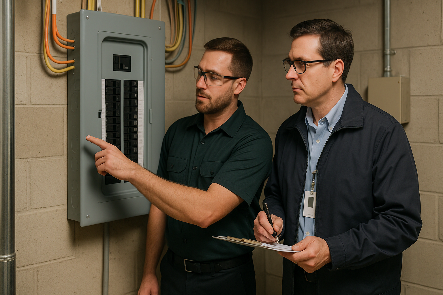 Two electricians in a utility room inspecting a breaker panel and reviewing documentation, emphasizing compliance with local electrical code requirements in Calgary AB.