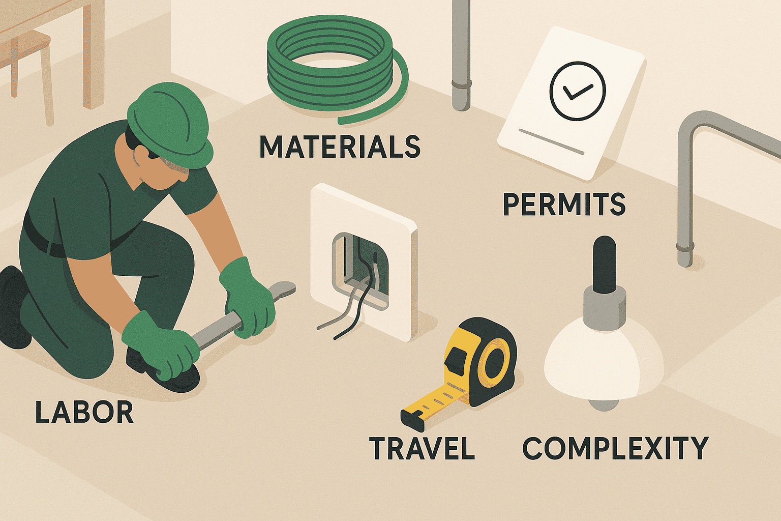 Electrical Repair Costs Calgary: Provider Comparison 1 Illustration of an electrician working with electrical wiring and tools, with labeled elements for labor, materials, permits, travel, and job complexity, representing cost factors for electrical repairs in Calgary.