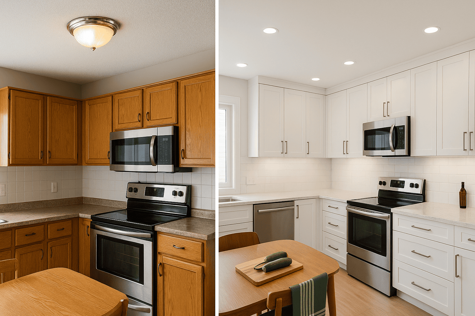Side by side comparison of a kitchen before and after renovation, showing updated lighting, white cabinetry, and modern appliances in a Calgary home