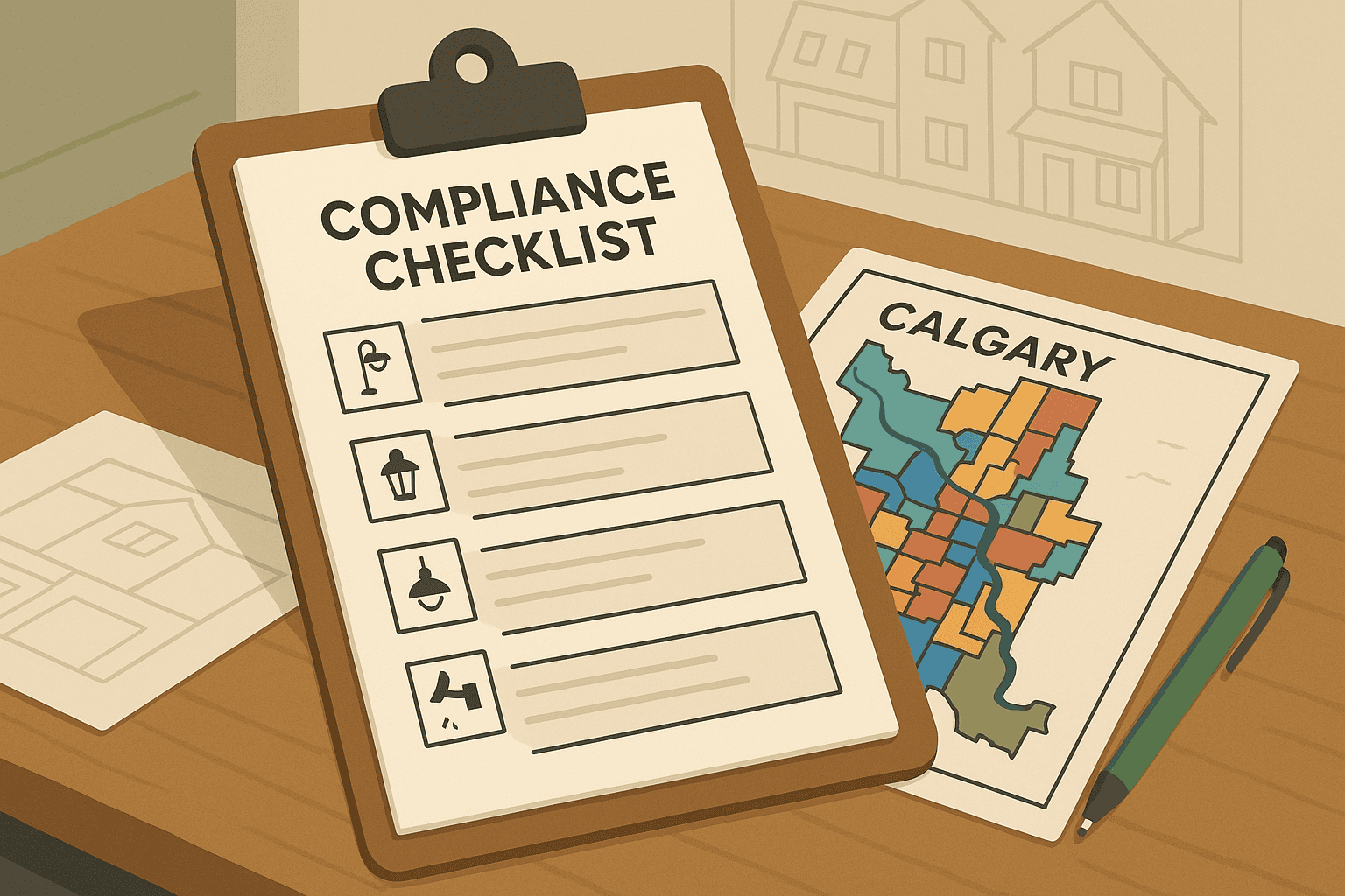Residential Exterior Lighting for Strata Complexes Calgary 3 compliance checklist for residential exterior lighting on a clipboard next to a colorful map of Calgary AB on a desk with house plans in the background