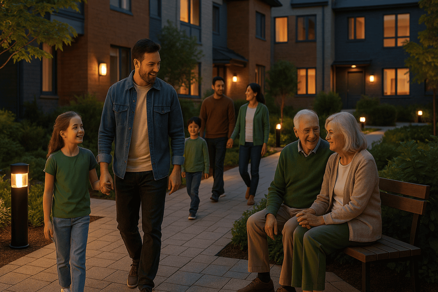 Residential Exterior Lighting for Strata Complexes Calgary 1 Families of different ages enjoying a well-lit pathway and outdoor area in a Calgary strata complex at dusk, highlighting the safety and ambiance provided by residential exterior lighting