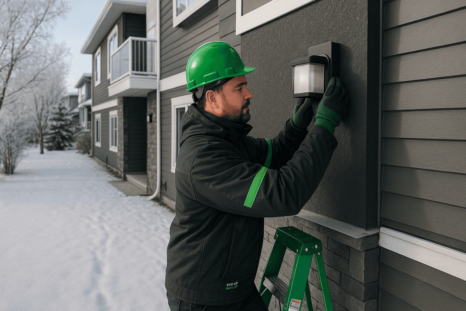 Residential Exterior Lighting for Strata Complexes Calgary 5 Electrician wearing a green hard hat installing an outdoor wall light on a strata complex building in snowy Calgary conditions.