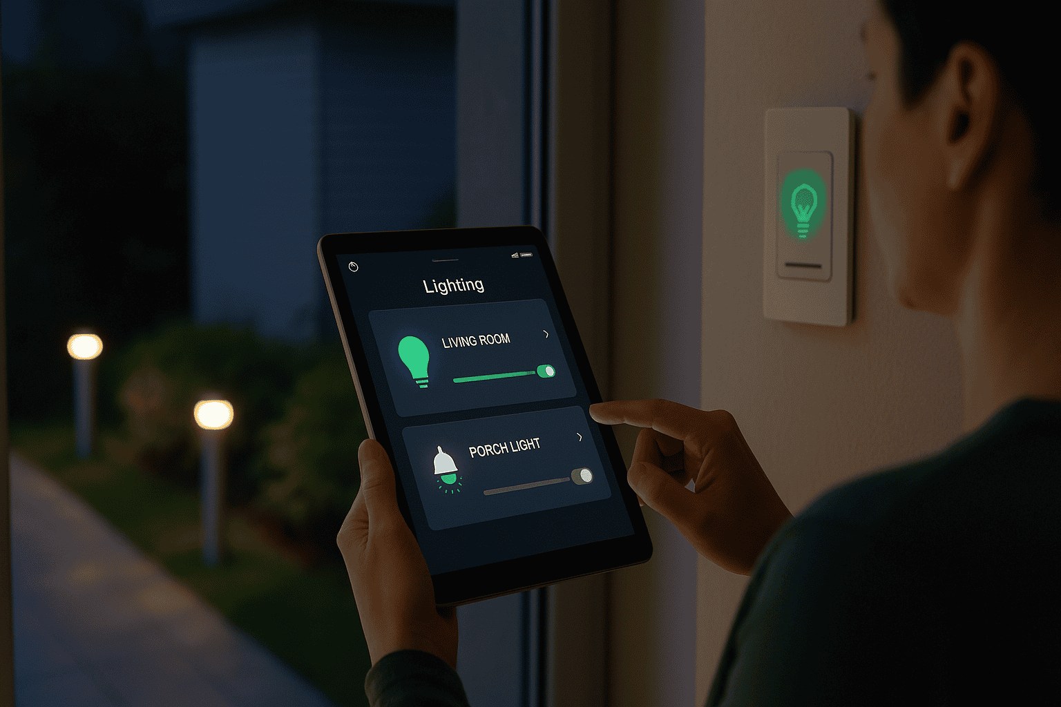 Residential Exterior Lighting for Strata Complexes Calgary 4 Person adjusting residential exterior lighting for a strata complex in Calgary using a smart tablet with illuminated garden pathway lights visible outside the window.
