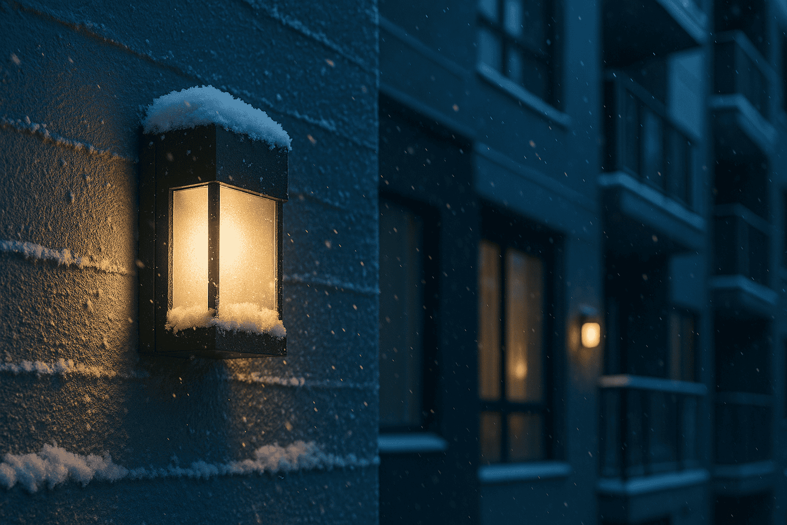Residential Exterior Lighting for Strata Complexes Calgary 2 Wall-mounted exterior light fixture covered in snow illuminating the outside of a modern strata complex during a winter evening in Calgary