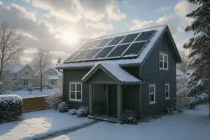 Modern blue house in Calgary winter with rooftop solar panels and snow surrounding the yard under a sunny sky