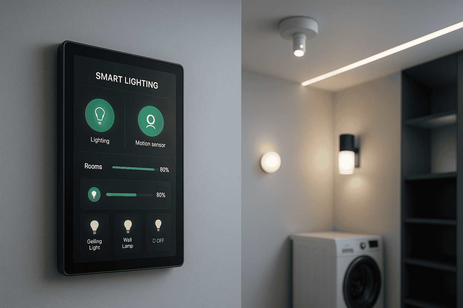 Modern smart lighting control panel mounted on the wall of a multi-unit residential building laundry room, featuring active LED lights and motion sensor controls, with sleek lighting fixtures and a washer in Calgary AB