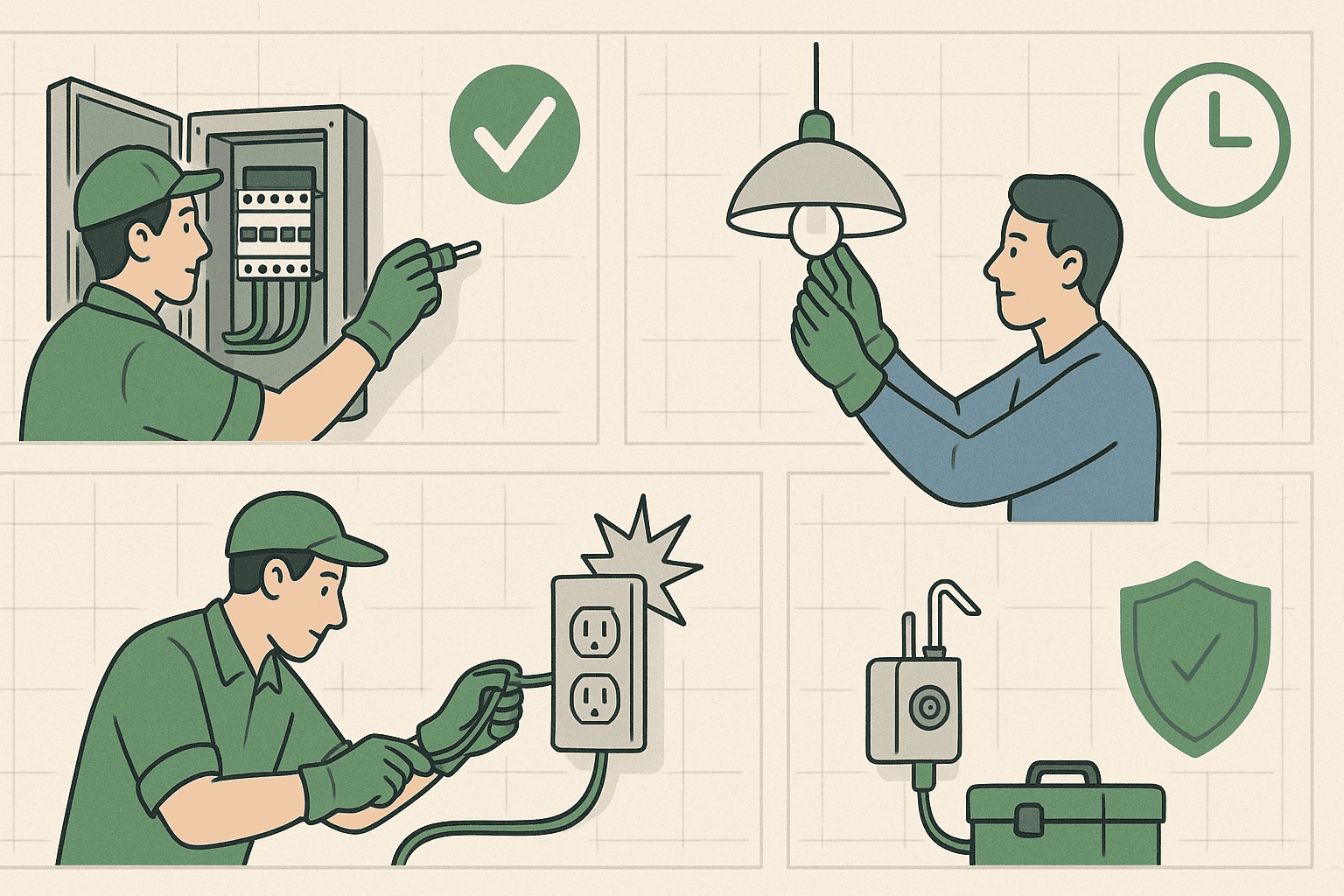Illustration of electricians performing various tasks including panel inspection, lightbulb replacement, outlet repair, and equipment testing, representing differences in warranty coverage among Calgary electrical service providers