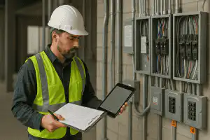 Electrician wearing safety vest and hard hat inspects electrical panels with a tablet and clipboard inside a commercial building in Calgary AB