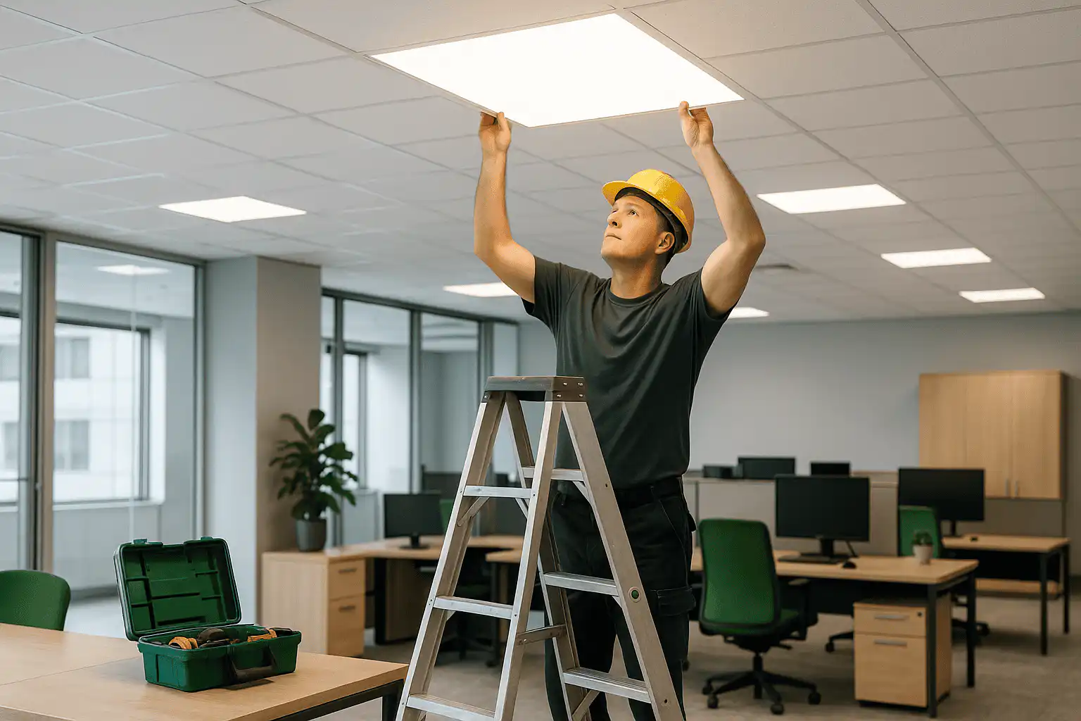 A professional commercial electrician in uniform uses a multimeter to test a circuit breaker panel inside a modern Calgary office building.