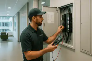 A professional commercial electrician in uniform uses a multimeter to test a circuit breaker panel inside a modern Calgary office building.