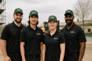 Four Ampt Over Electric commercial electricians standing outdoors in Calgary wearing branded uniforms and hats, smiling as a team in a commercial setting