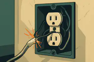 Illustration of an electrical outlet with exposed aluminum wiring sparking inside the wall, highlighting a common repair hazard in Calgary homes.