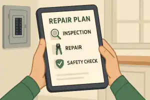 Electrician holding a tablet displaying a repair plan with inspection, repair, and safety check steps beside a circuit breaker panel, representing aluminum wiring repair services in Calgary AB