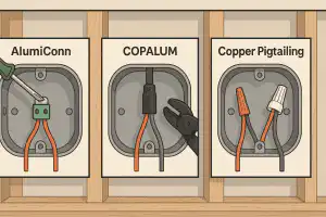 Illustration showing three aluminum wiring repair methods including AlumiConn connector, COPALUM crimp, and copper pigtailing in metal junction boxes