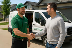 Electrician in green uniform shaking hands with a homeowner in front of a service van in a Calgary residential neighborhood, representing trusted breakers in federal pioneer panel solutions