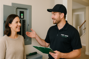 Ampt Over Electric technician discussing surge protection options with a smiling homeowner near an open electrical panel in a Calgary residence