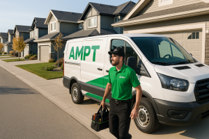 Ampt Over Electric technician in green uniform carrying a tool bag walking away from branded service van in a Calgary residential neighborhood