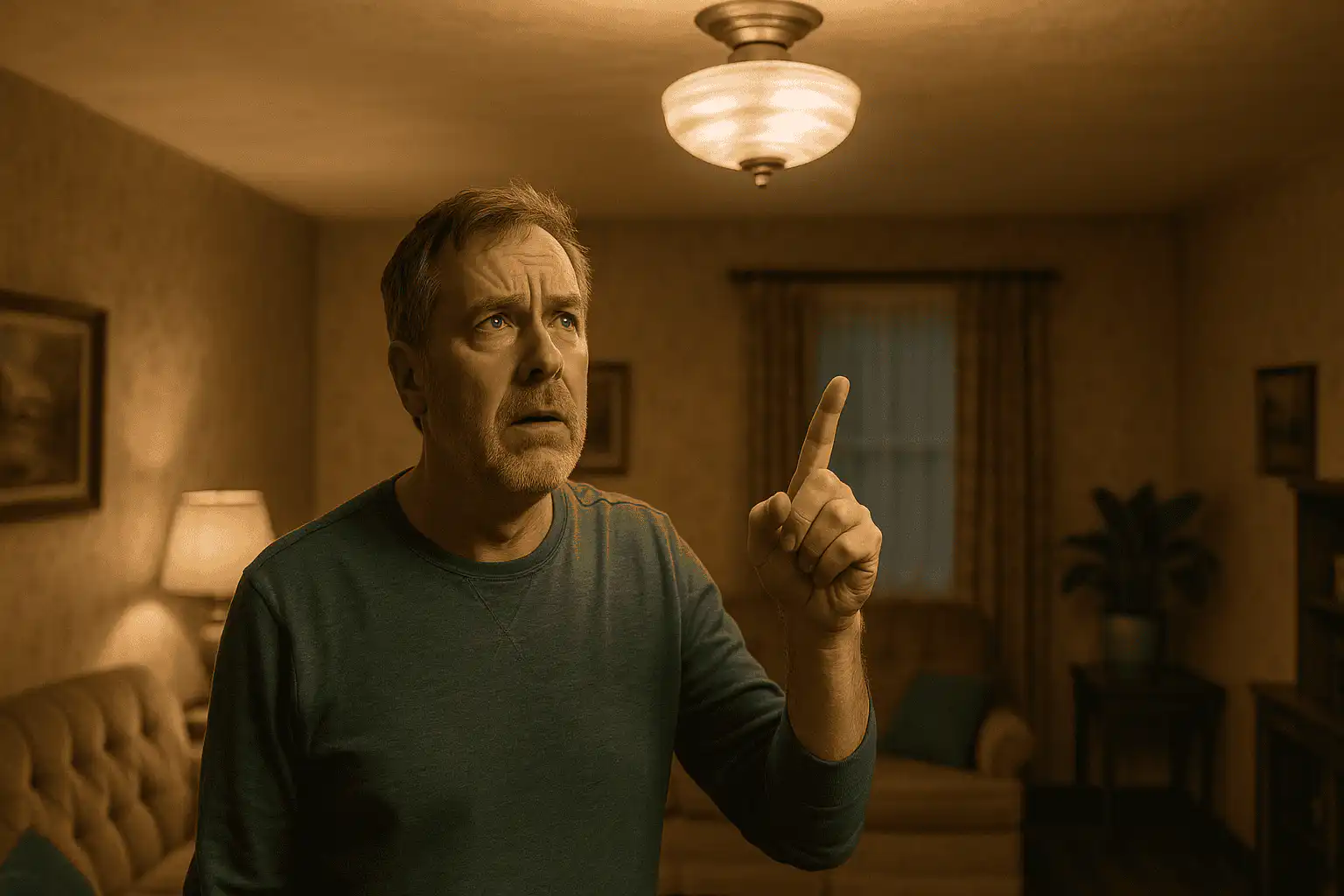 Calgary homeowner examining a failing ceiling light fixture connected to aging knob and tube electrical wiring