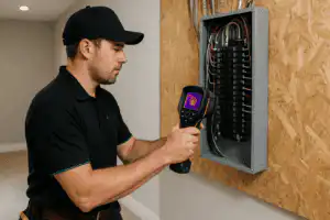 Electrician using thermal imaging camera to inspect electrical panel wiring in Calgary home