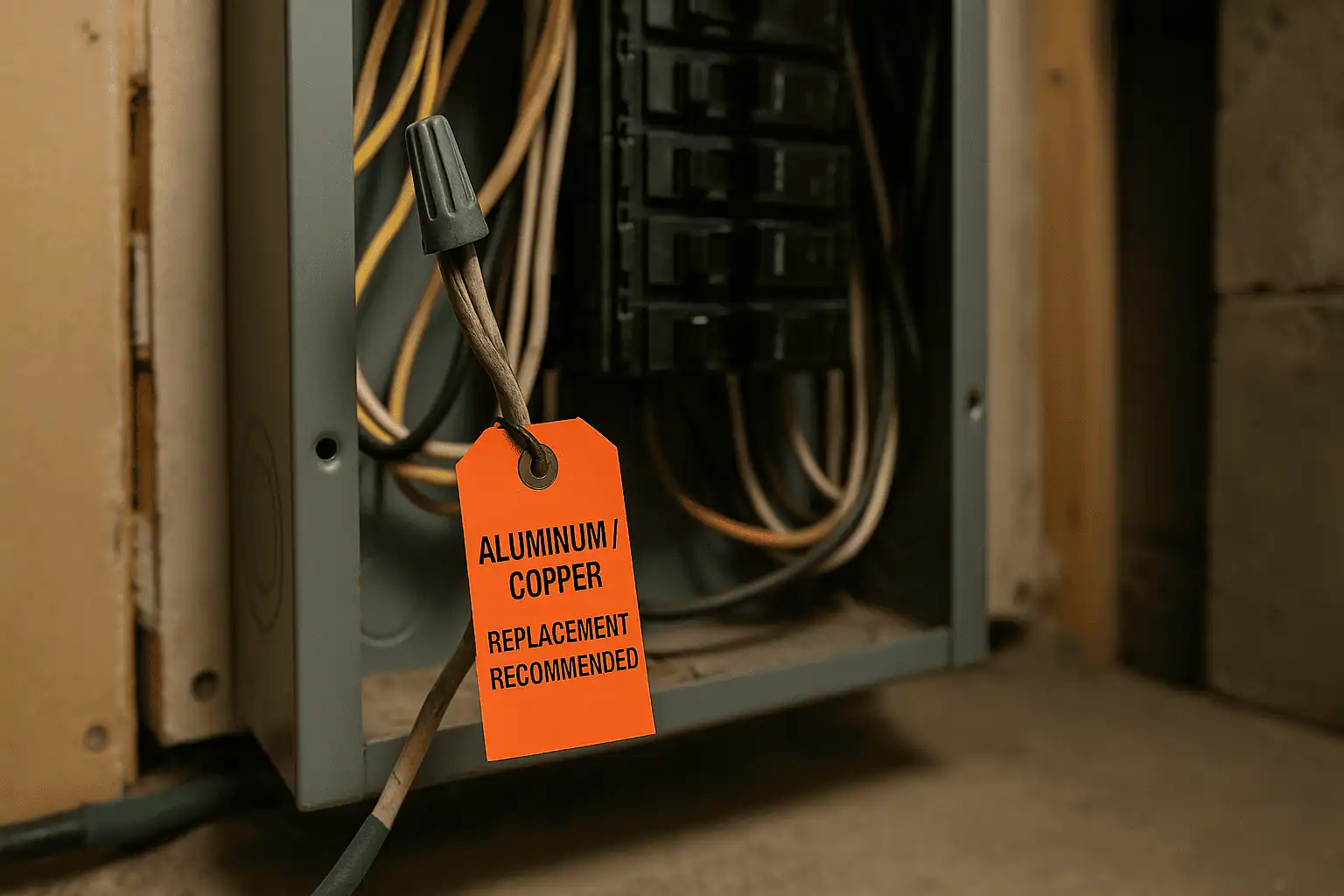 Close-up of old copper wiring tagged for knob and tube wiring replacement by a Calgary licensed electrician