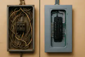 Comparison of an old, disorganized electrical panel and a new, neatly wired panel, illustrating the importance of professional wiring inspection and repair in Calgary