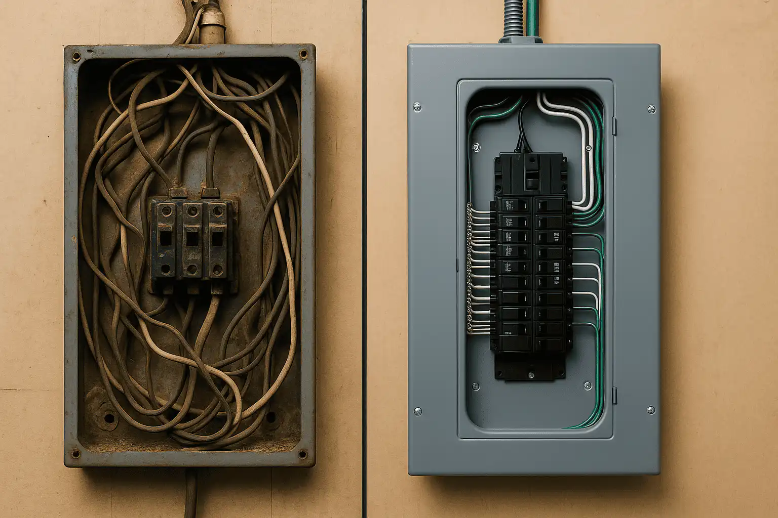 Comparison of an old, disorganized electrical panel and a new, neatly wired panel, illustrating the importance of professional wiring inspection and repair in Calgary