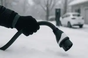 Gloved hand holding an EV charger cable in snowy conditions with an electric vehicle and charging station in the background in Calgary