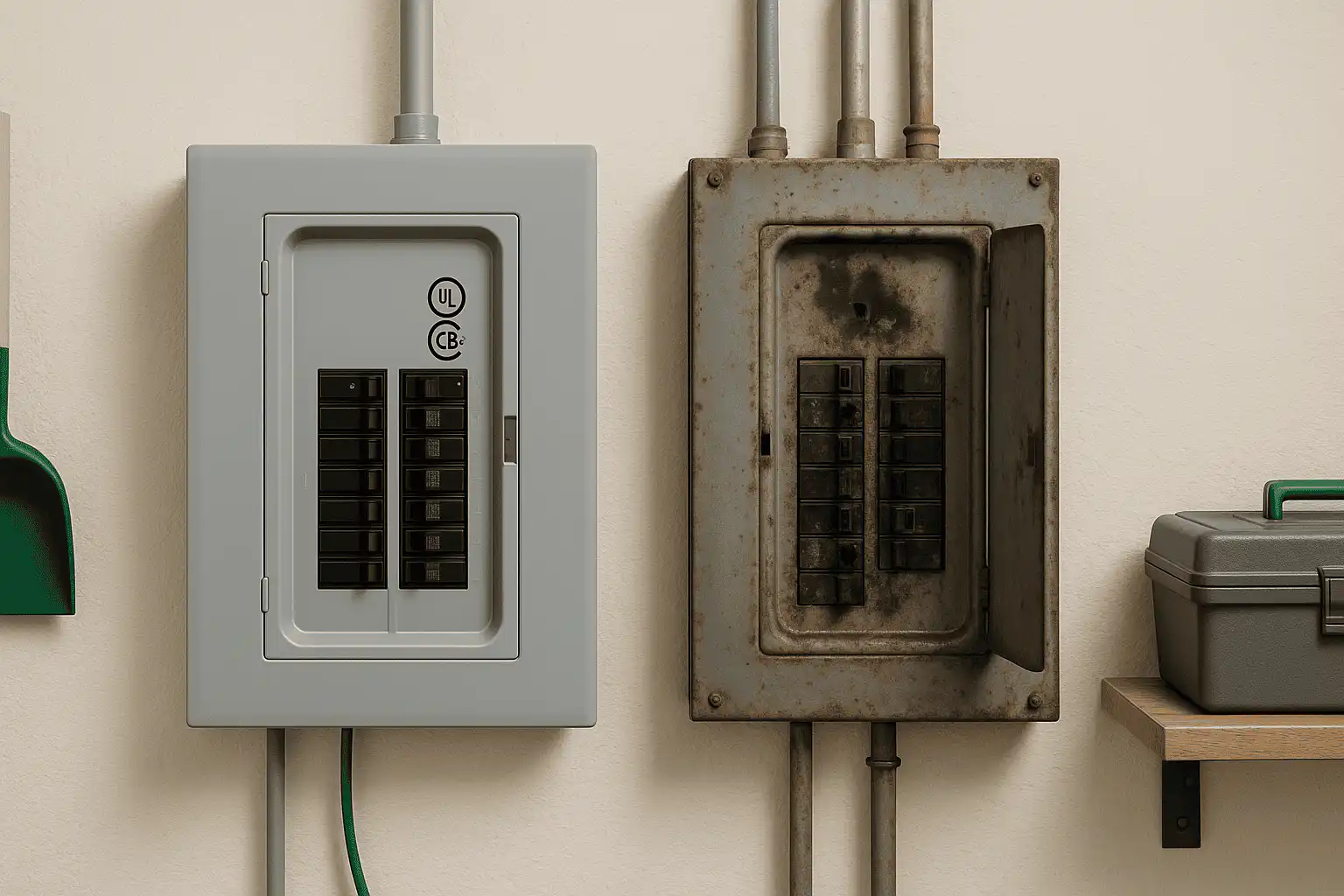 Side by side comparison of a modern gray electrical panel and an old rusted electrical panel mounted on a wall, highlighting differences in safety and reliability