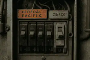 Close-up of an old electrical panel in Calgary displaying Federal Pacific and Zinsco brand circuit breakers, which are marked with visible dust and rust and are known as electrical panel brands to avoid due to safety risks.