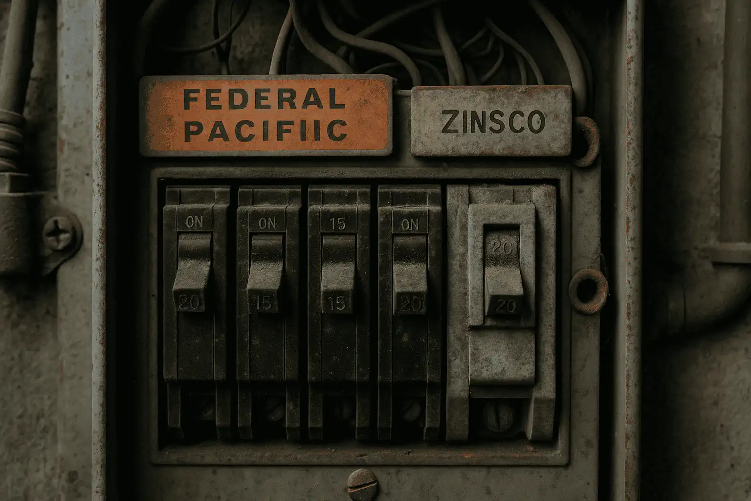 Close-up of an old electrical panel in Calgary displaying Federal Pacific and Zinsco brand circuit breakers, which are marked with visible dust and rust and are known as electrical panel brands to avoid due to safety risks.