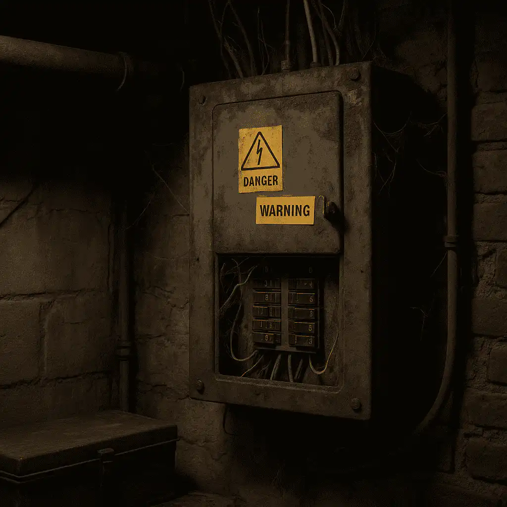 A rusted, outdated electrical panel with exposed wires and danger warning labels mounted on a brick wall, highlighting electrical safety concerns in Calgary, AB.